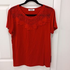 Yuna Women's Pullover Rhinestones Blouse Short Sleeve Red Size S/M